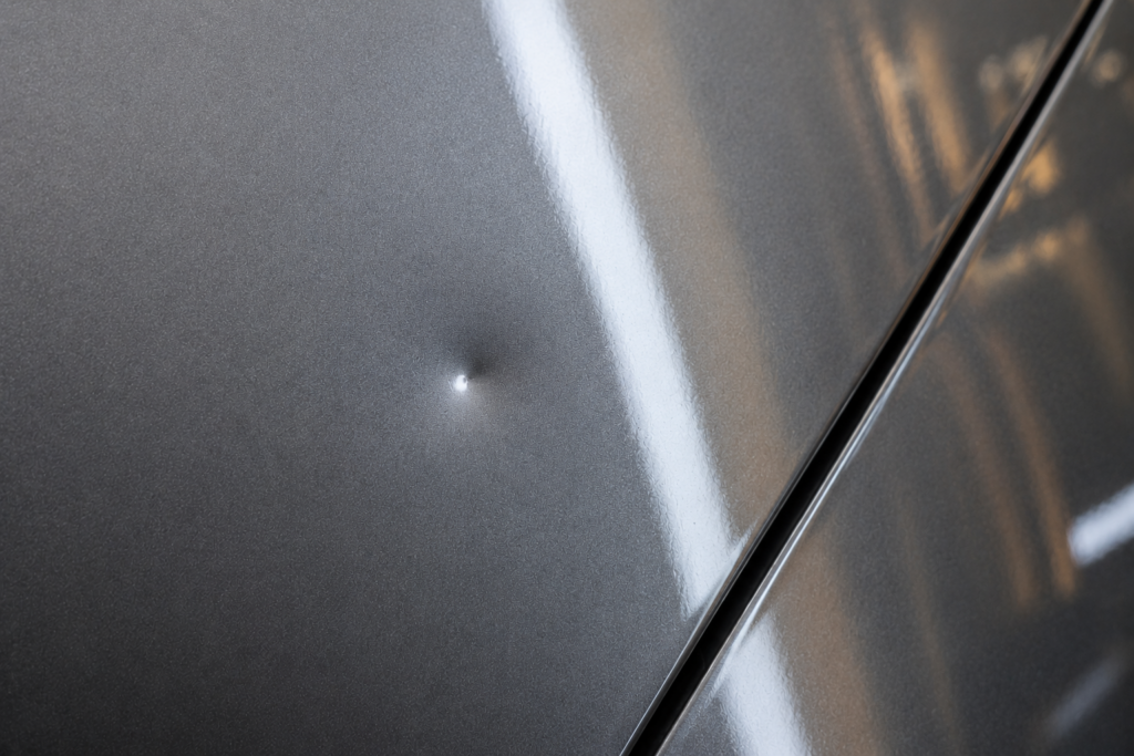 eine Delle an der Motorhaube